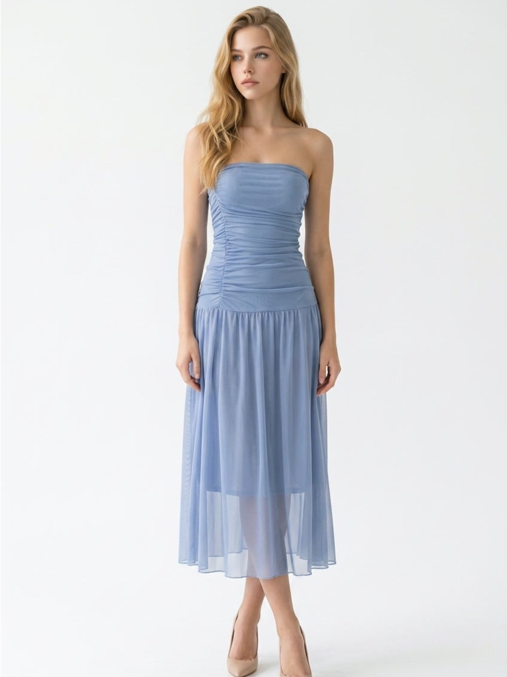 Strapless Ruched Mesh Midi Dress - Light Blue Small